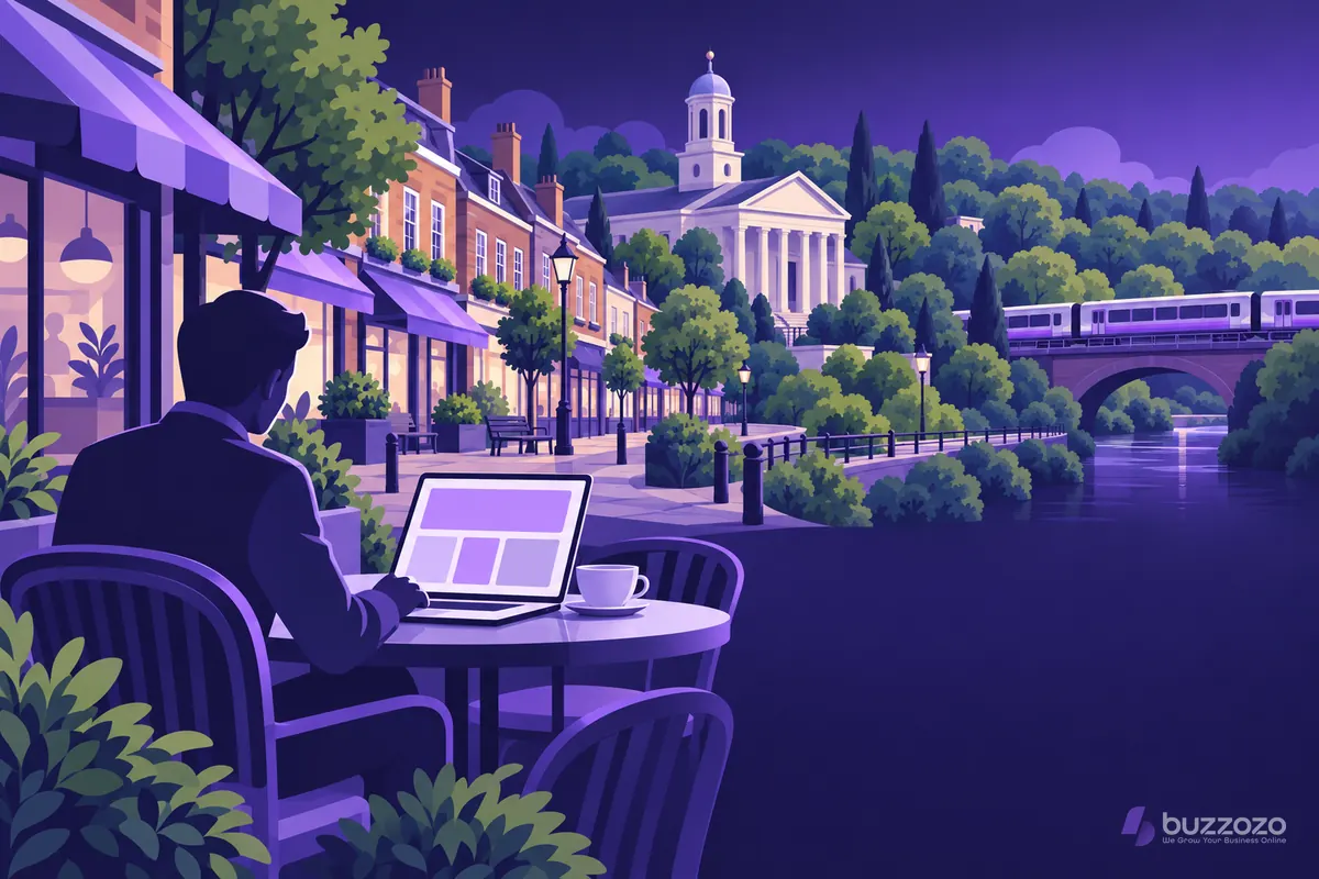 A business owner at a pavement cafe table reviews a website layout on a laptop, with brick shopfronts, a classical church and a commuter train behind.