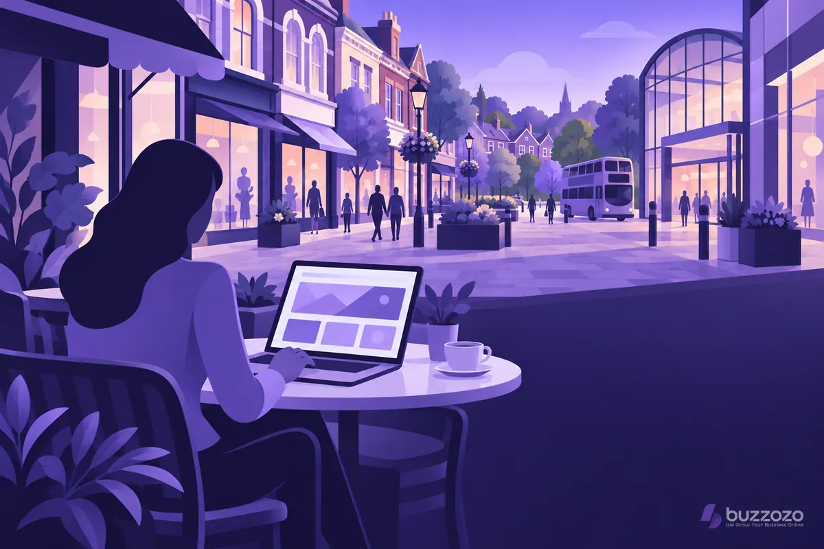 A business owner works on a laptop at a café table on a busy suburban high street, showing how local shops can have a website built remotely.