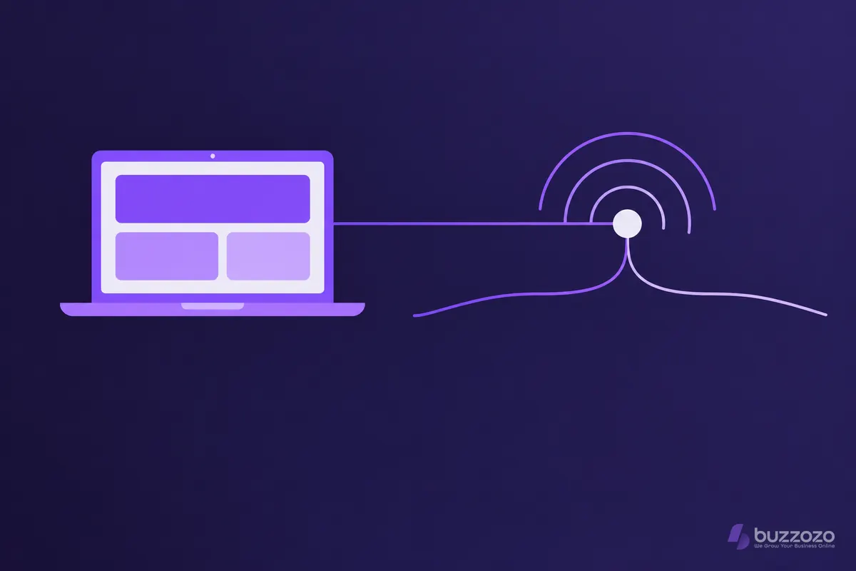Flat laptop with a simple website layout linked to signal arcs over two meeting rivers, showing a local business website reaching Chelmsford customers.
