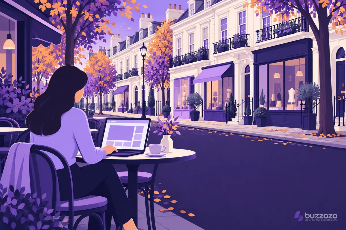 A business owner reviews a website layout on a laptop at a café on a Regency street of cream townhouses and independent Cheltenham shops.