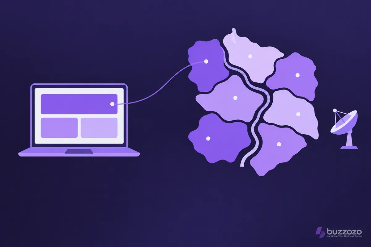 A laptop showing a simple website layout, linked by a violet line to a map of Cheshire fields with a canal and a radio telescope dish.