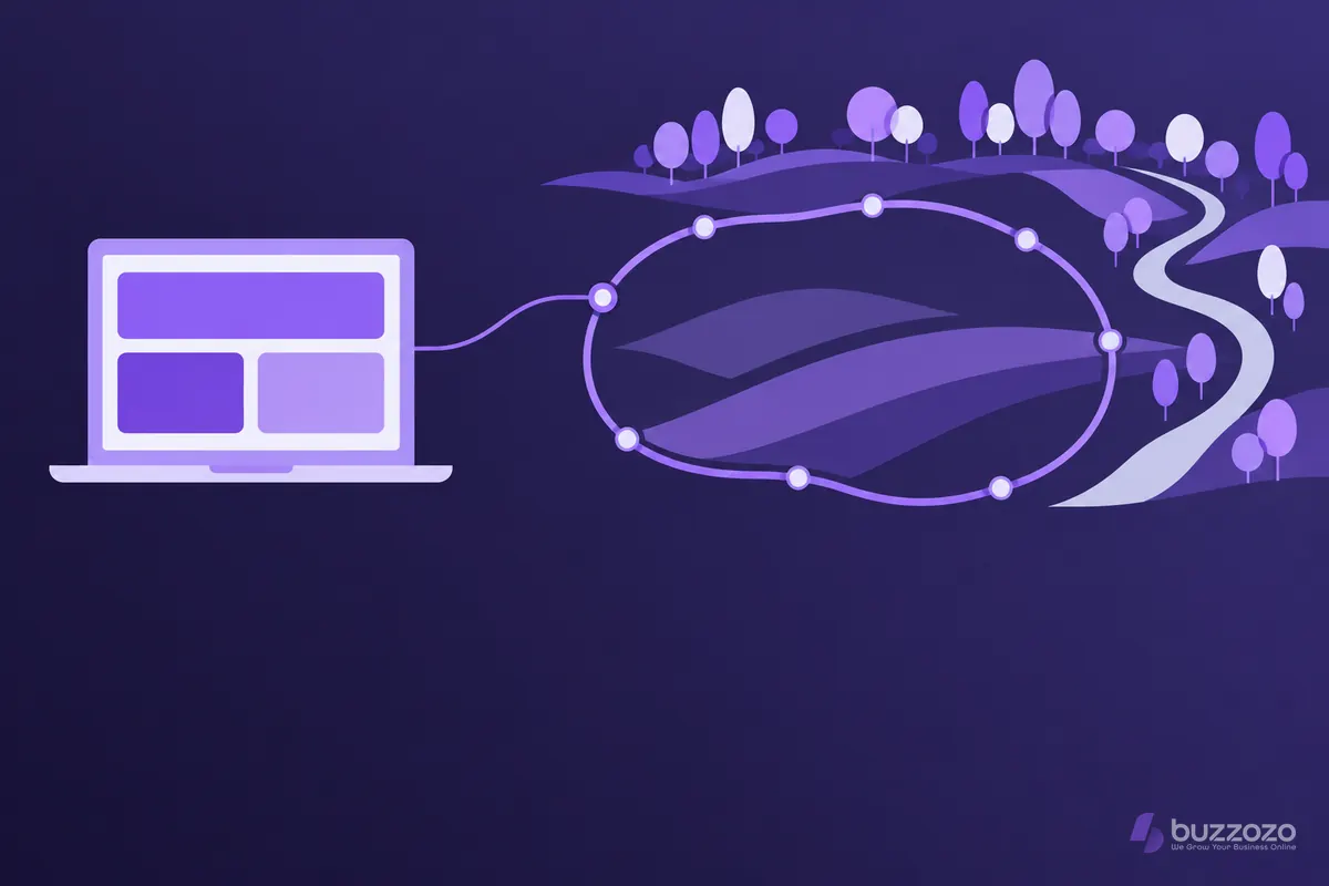 A laptop showing a simple website layout linked to a looped railway line beside trees and a river, suggesting web design for Chigwell businesses.