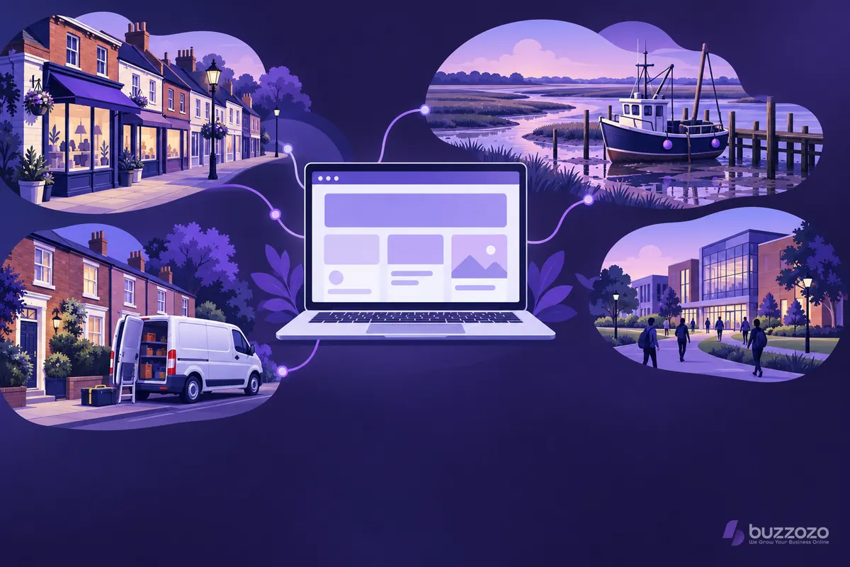 Laptop with a blank website layout linked to a high street shop, oyster boat, trade van and campus, showing web design for local businesses.