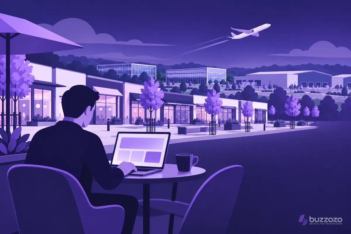 A small-business owner works on a website layout at a cafe table in a new-town square, with a business park and a climbing jet behind.