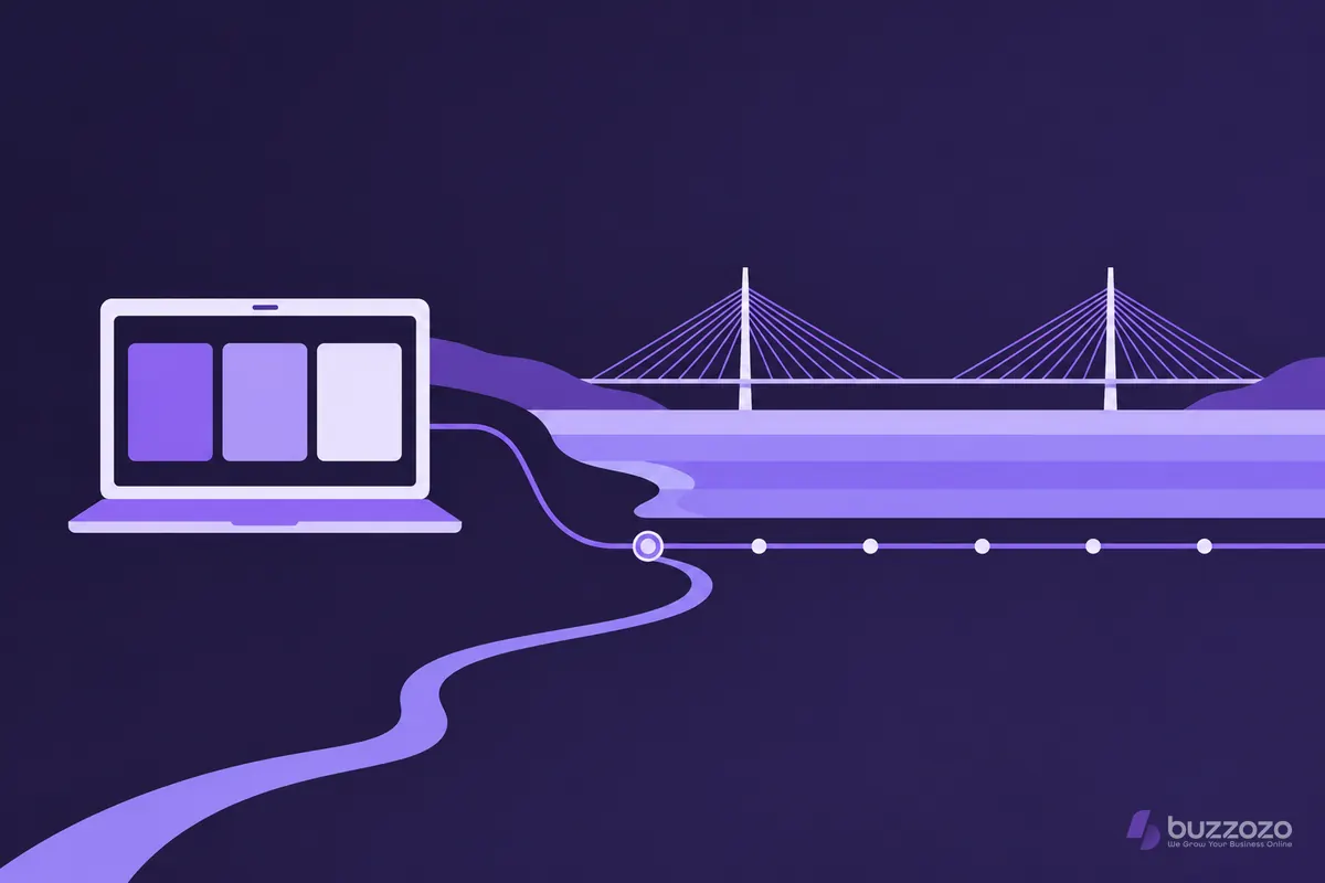 Flat violet illustration of a laptop showing a website layout, linked to a railway by a river and cable-stayed bridge, for Dartford web design.