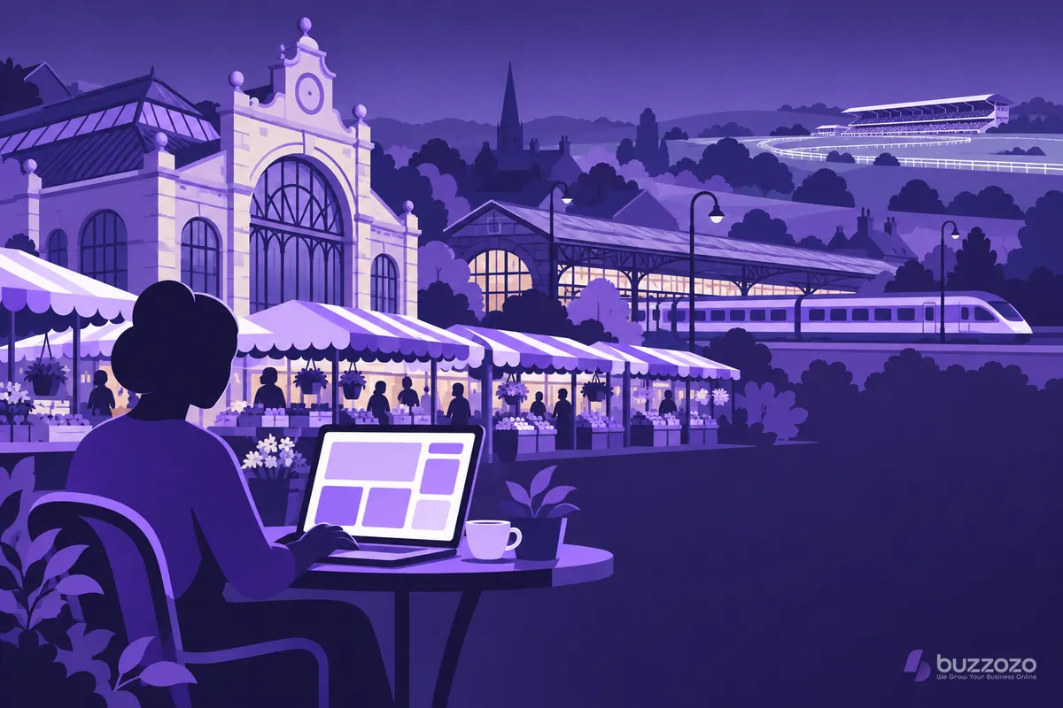 A small-business owner works on a website layout at a table beside a covered market, with a Victorian market hall, a train and a racecourse grandstand behind.