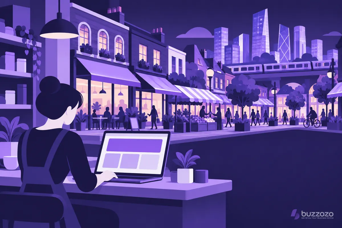 A small business owner works on a laptop showing a simple website layout beside a busy east London high street with shops, a cafe and a market stall.