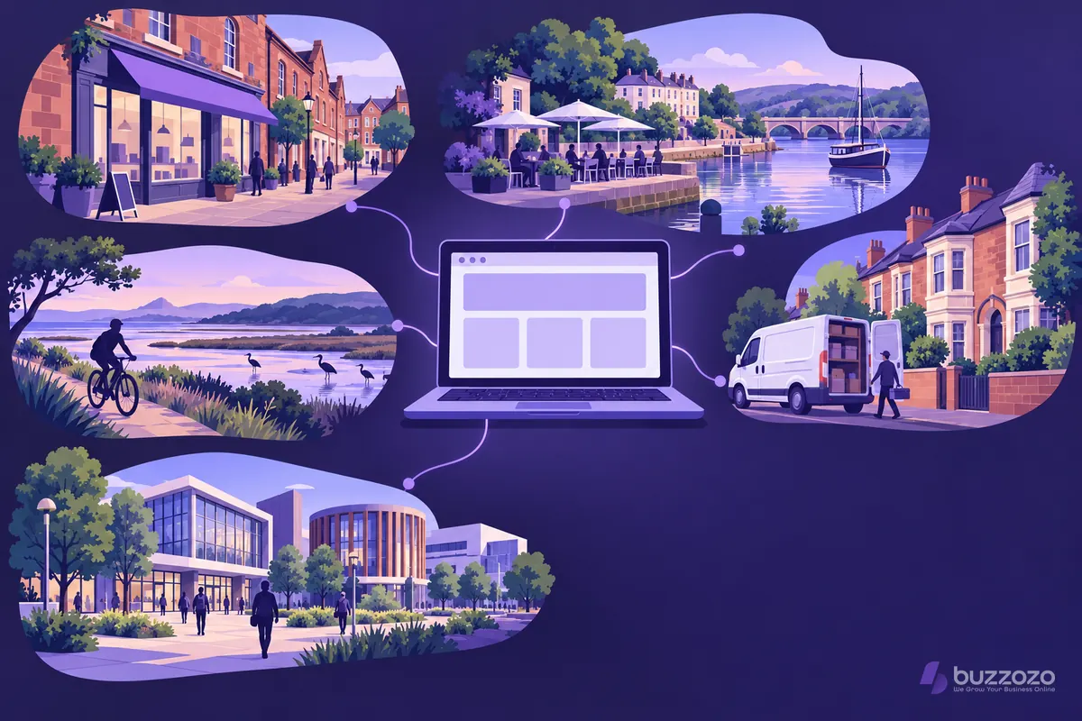 A laptop with a blank web layout linked to a shop, quayside café, tradesperson's van, cycle path and campus, showing web design for Exeter businesses.