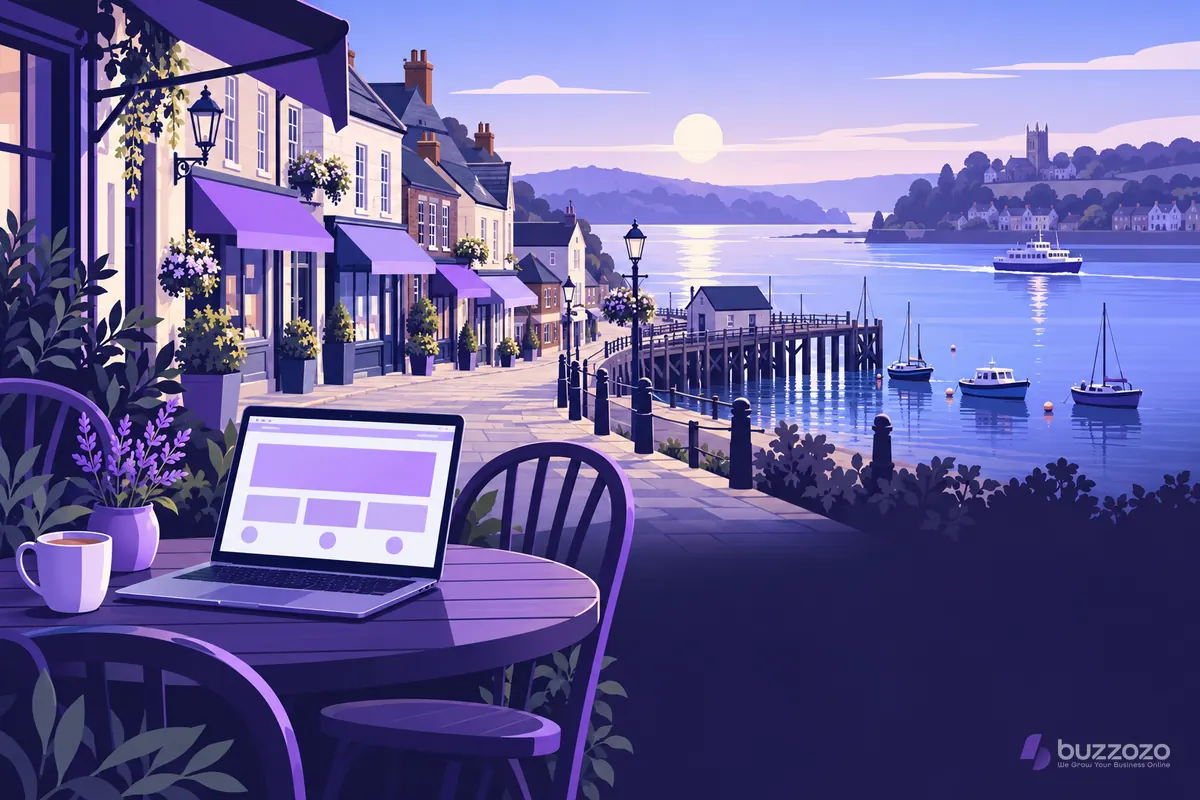 A laptop showing a simple website layout on a cafe table beside a riverside high street of small shops, with a pier and boats on the estuary