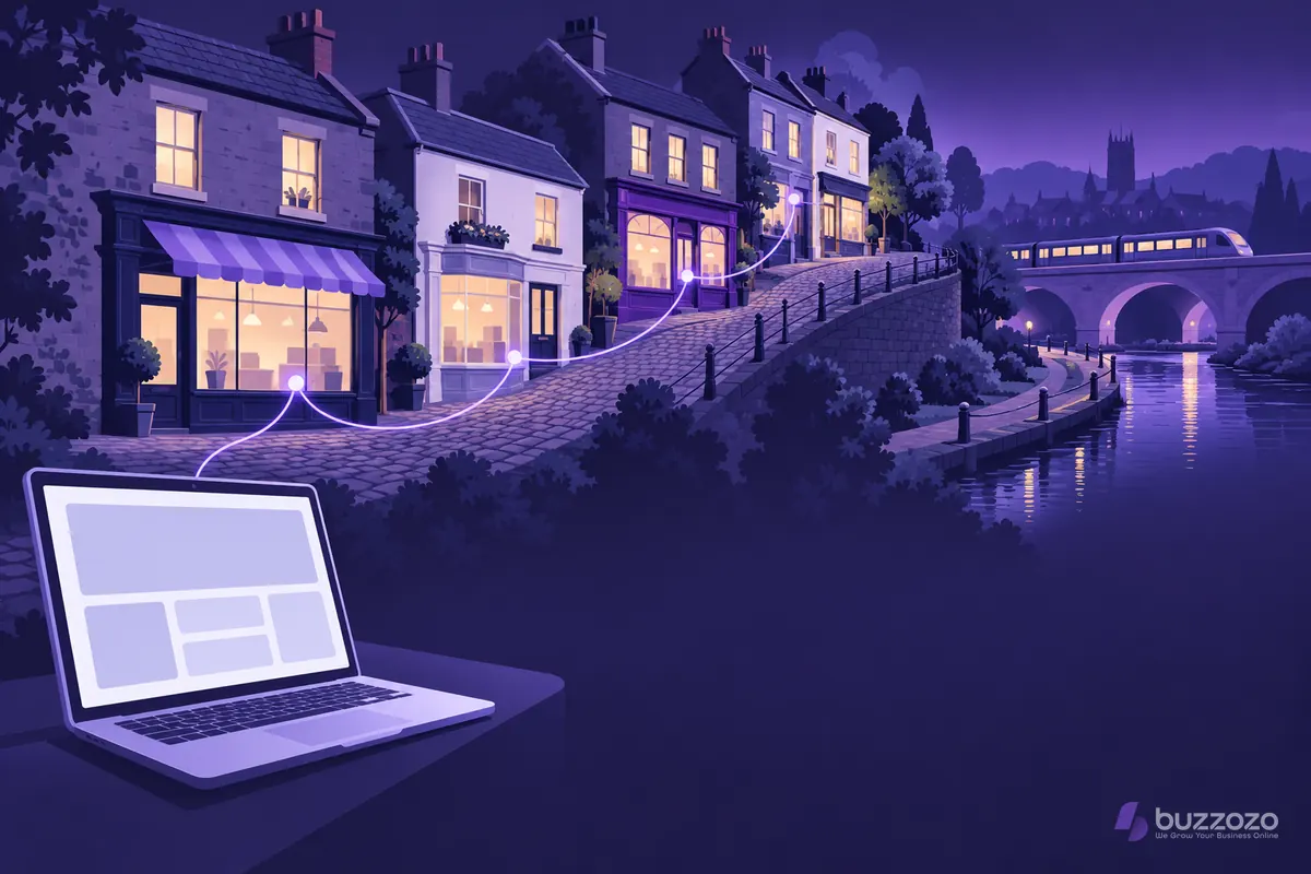 A laptop showing a blank website layout linked by a violet line to shops on a steep cobbled high street, showing web design for local businesses.