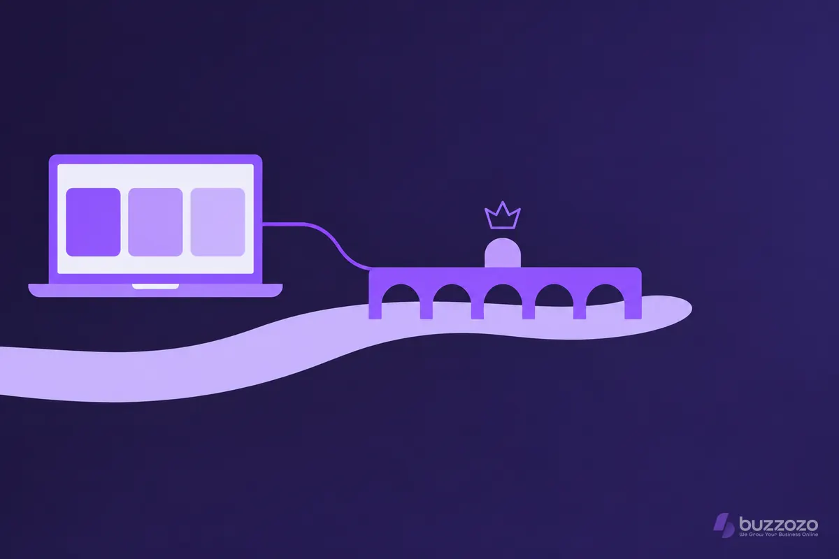 A flat violet laptop showing a simple website layout, linked by a thin line to a five-arched bridge over a lilac river, for local Kingston firms.