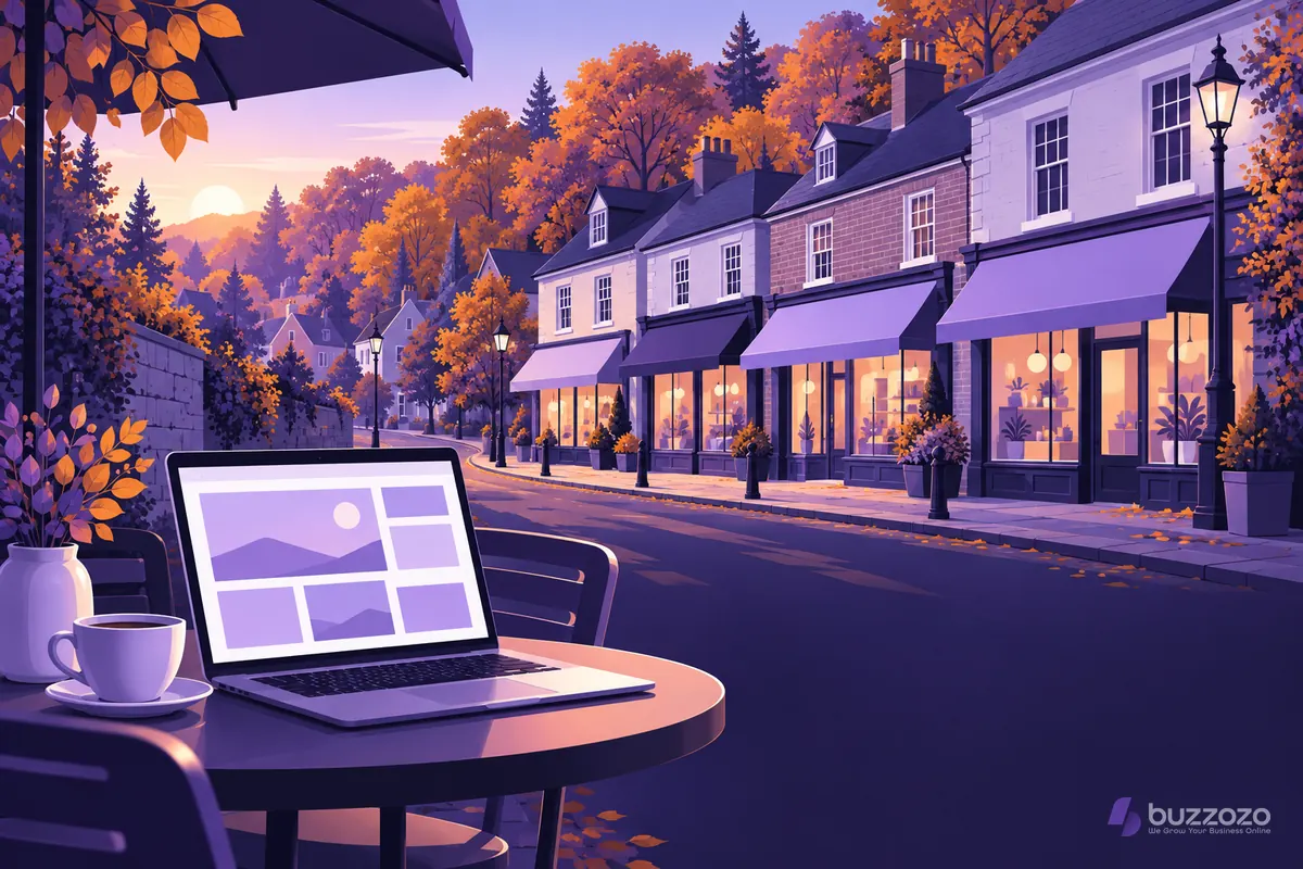 Laptop showing a simple website layout on a cafe table beside a parade of local shops and autumn woodland, suggesting web design for Loughton businesses.