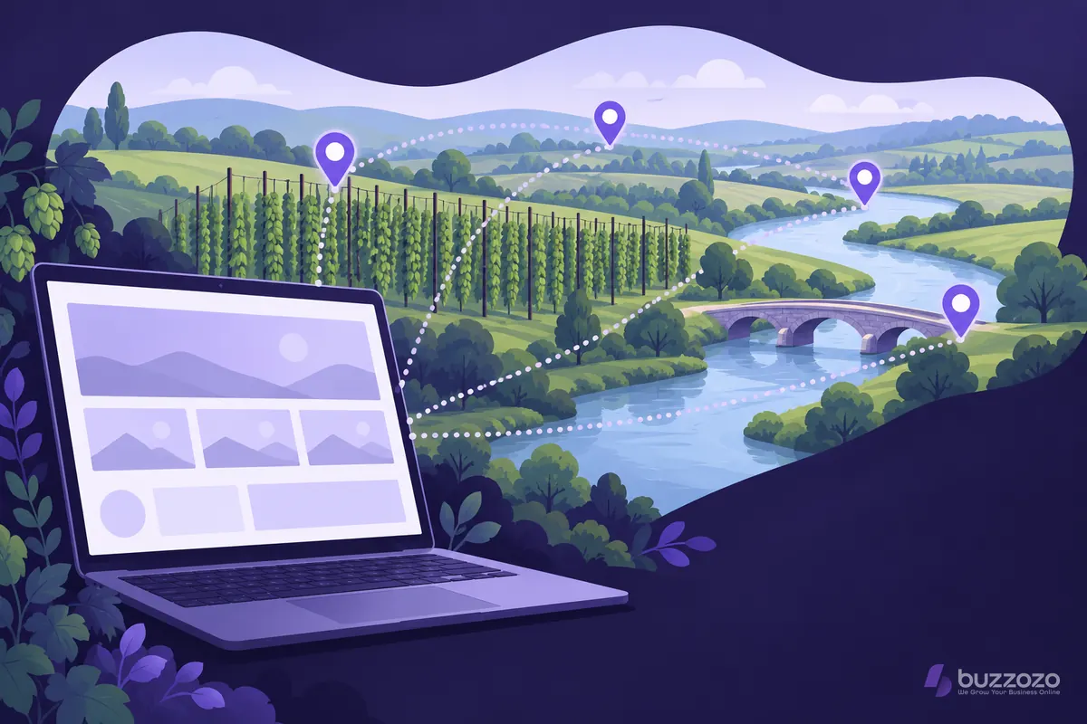A laptop showing a simple business website linked by dotted lines to map pins along a river through Kent hop fields, for web design in Maidstone.