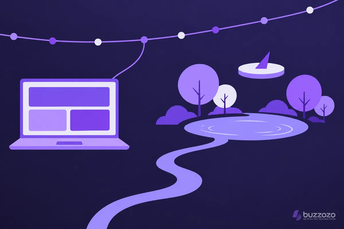 Flat violet laptop with a simple website layout, linked to a dotted rail line near a pond and trees, showing web design for Orpington firms.