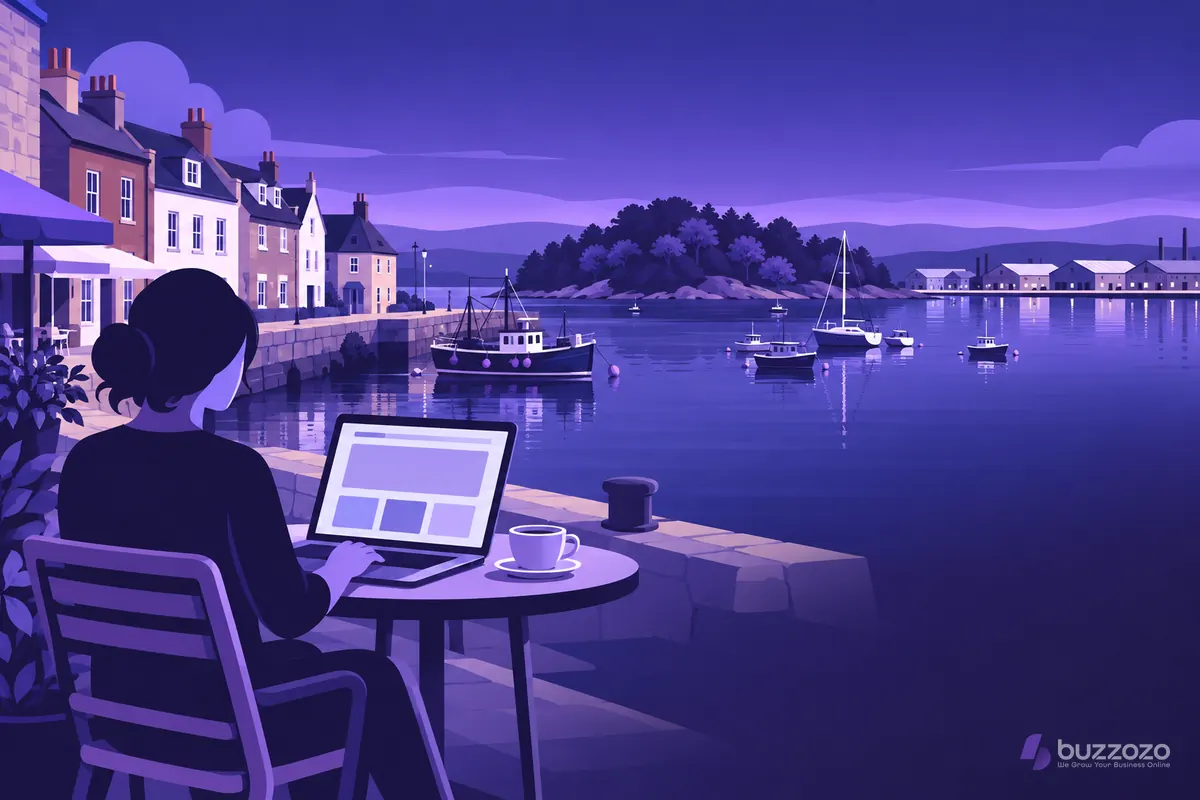 A faceless business owner at a quayside café table works on a simple website on a laptop, overlooking Poole harbour with boats and a wooded island.