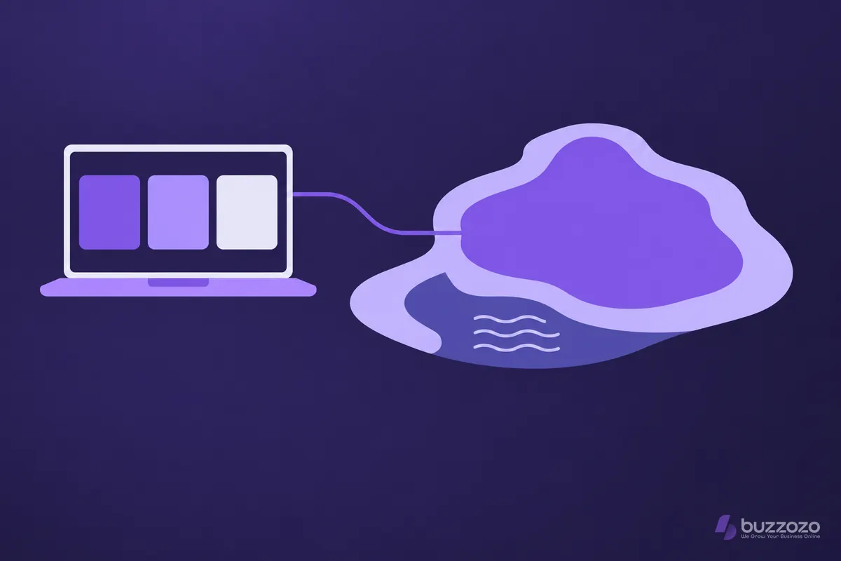 A laptop showing a simple blank website layout linked by a thin line to a flat violet island with a sheltered harbour, for Portsmouth website design.