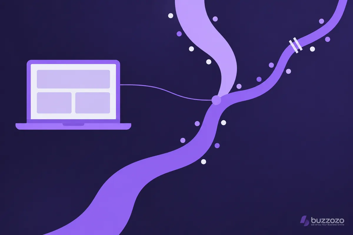 A laptop showing a simple website layout linked by a thin line to where two rivers meet, suggesting web design for Reading businesses.