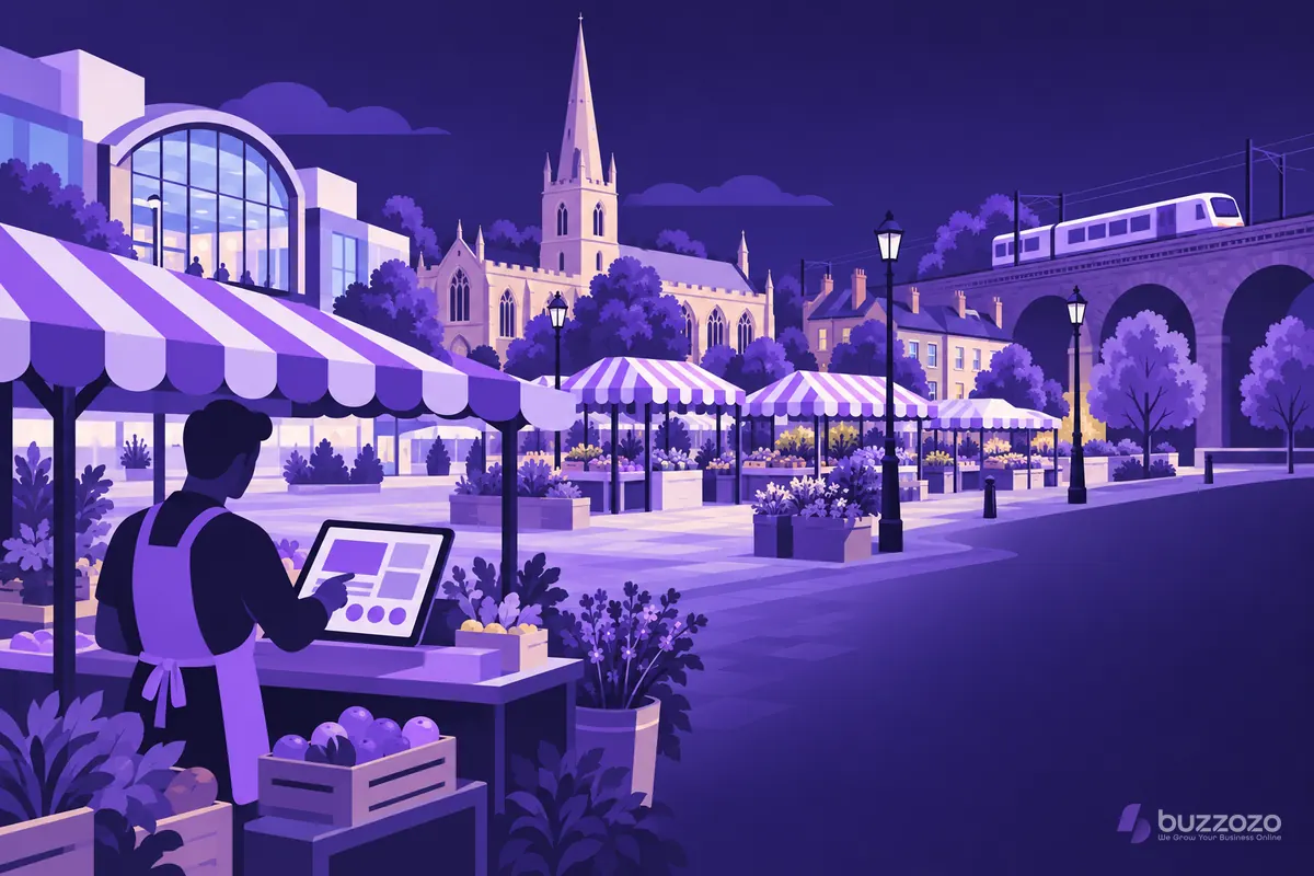 A market trader in an outer London town square checks a website layout on a tablet, with a church spire, shopping centre and train behind.