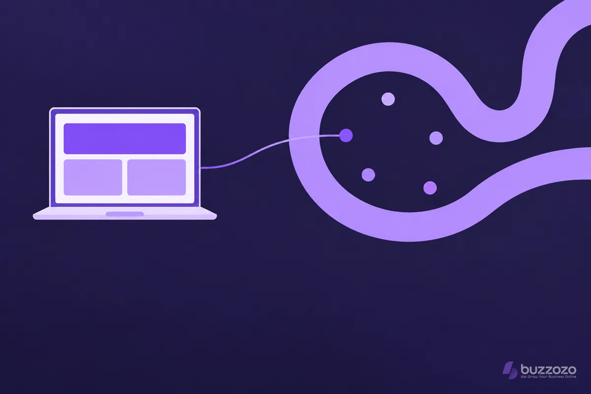 Flat laptop showing a simple website layout linked by a thin line to map pins inside a looping river, suggesting web design for Shrewsbury businesses.