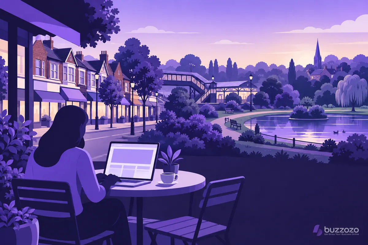 A small business owner reviews a website layout on a laptop at a pavement cafe table on a leafy south-east London high street beside a park lake.