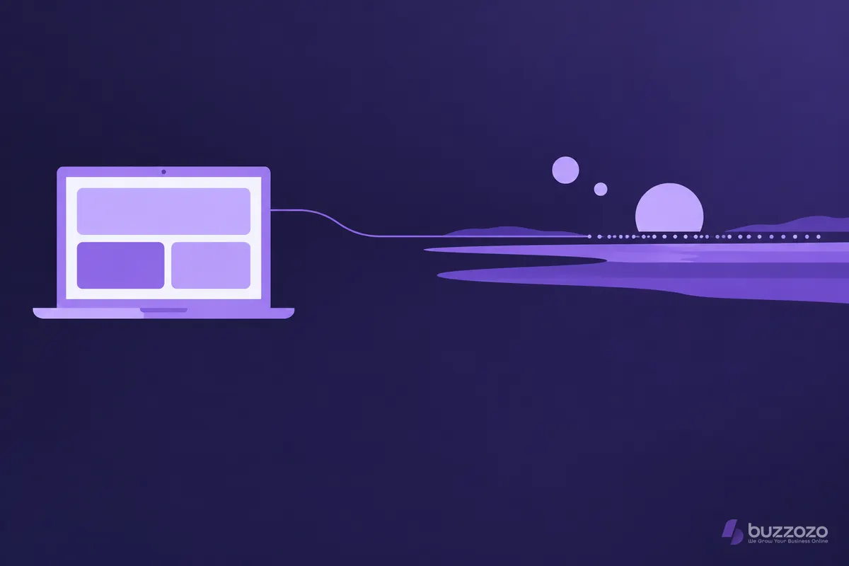 Flat laptop showing a simple website layout linked by a thin line to a calm estuary horizon with a dotted walkway, suggesting web design for Southend firms.