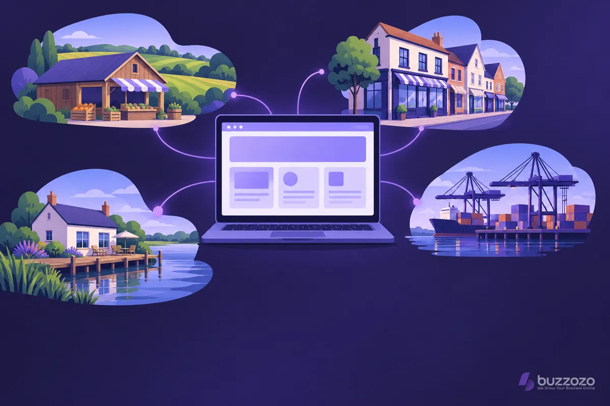 A laptop showing a blank web layout, linked to a farm shop, market-town high street, riverside cottage and container port in Suffolk.