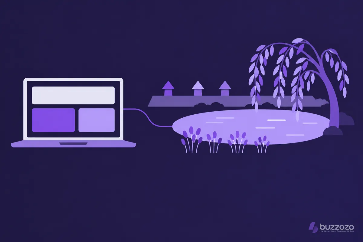 A flat violet laptop showing a simple web page layout, linked by a thin line to a lilac pond, willow tree and rooftops of a local Sutton scene.