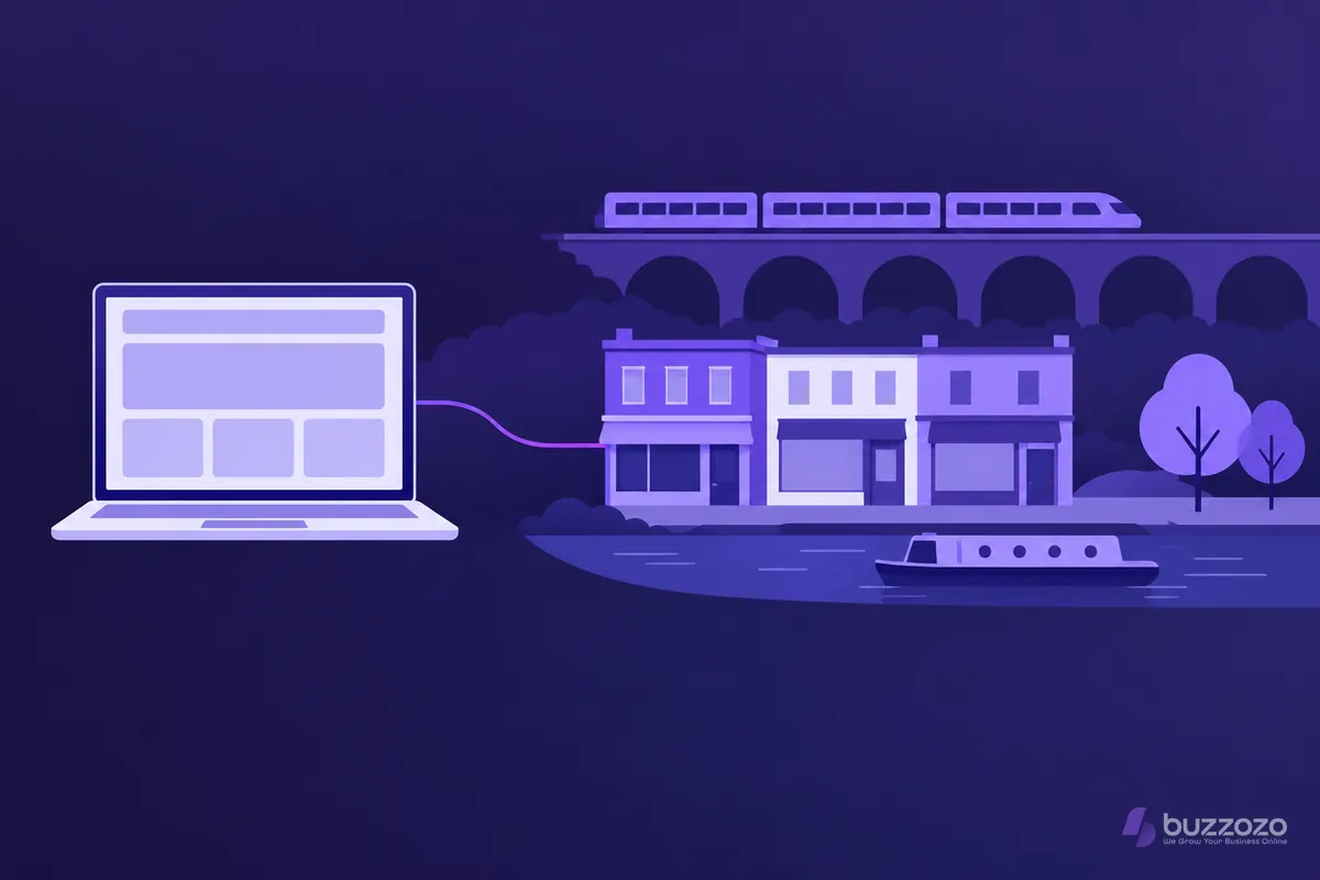 A laptop showing a blank website layout linked by a violet line to Watford shopfronts beside a canal and a railway viaduct.