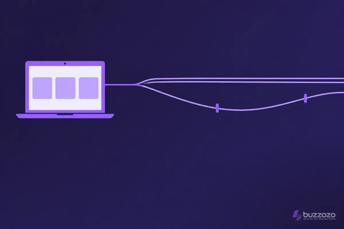 A flat laptop showing a simple website layout, linked by a violet line to a straight railway track and a curving canal, suggesting web design for Woking.